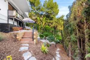 Entrada de patio trasero de casa con vegetación y escaleras de piedra